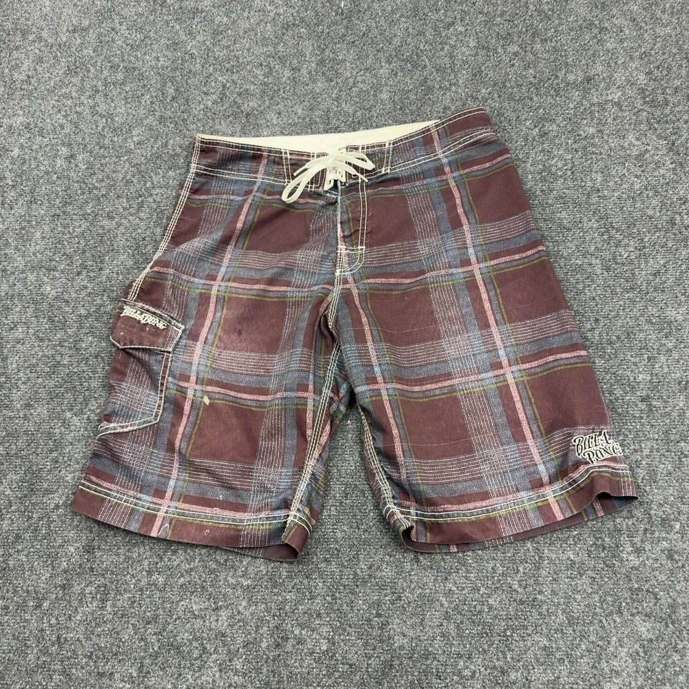 Billabong Board Shorts Mens 33 Brown Polyester Plaid Cargo Pocket Surf Skater